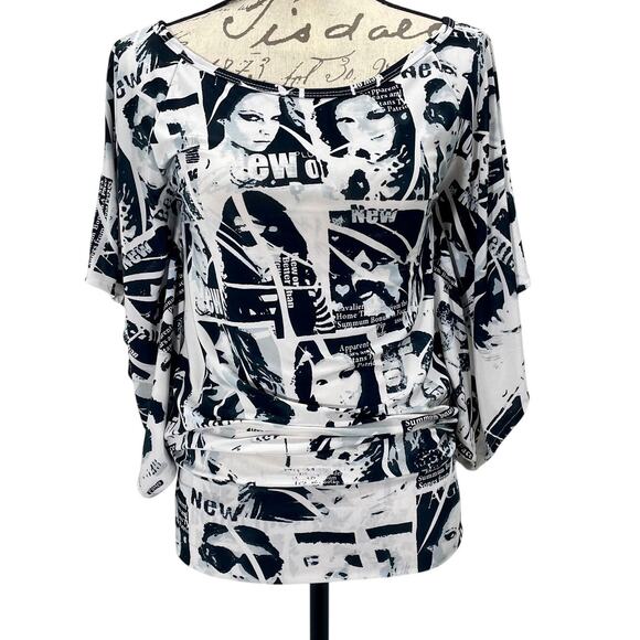 Vintage Y2K Gold Flava Slinky Newspaper Print Batwing Top Black White Size Small - Picture 5 of 8